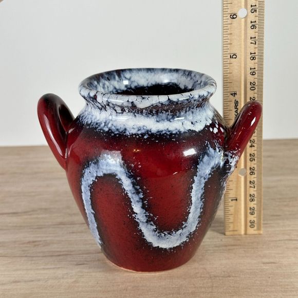 Studio Art Pottery Vase Two Handles Red Navy White Drip Glaze Splatter Squiggly - Picture 9 of 14